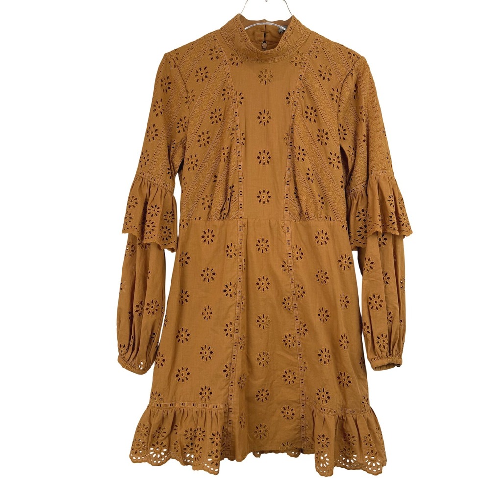 THURLEY Lillian Dress Women 4 Eyelet Cotton Mock Neck‎ Long Sleeve TIERED RUFFLE